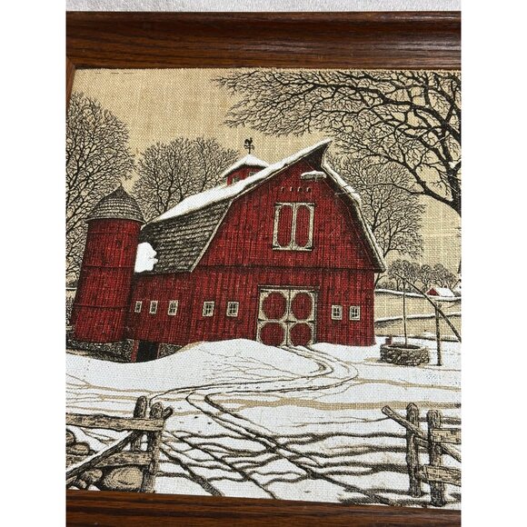 KayDee Red Barn Winter Scene Linen Print Wood Framed Wall Hanging Art 16"x16" - Picture 9 of 9